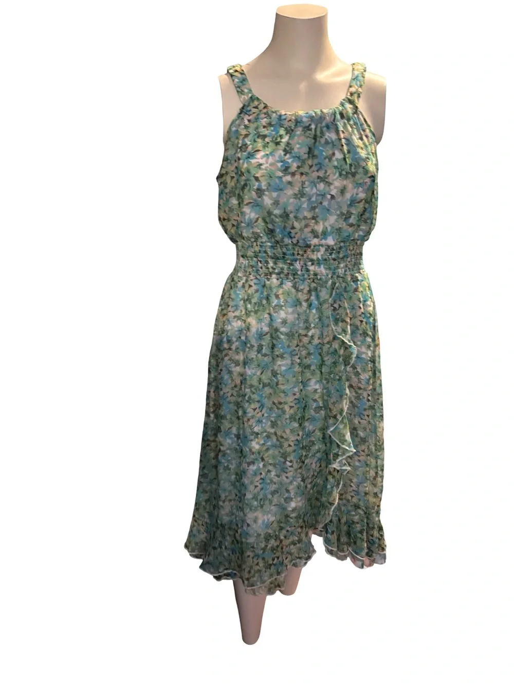 Cato Blue-Green Floral Smocked Midi Dress with Ruffle Trim